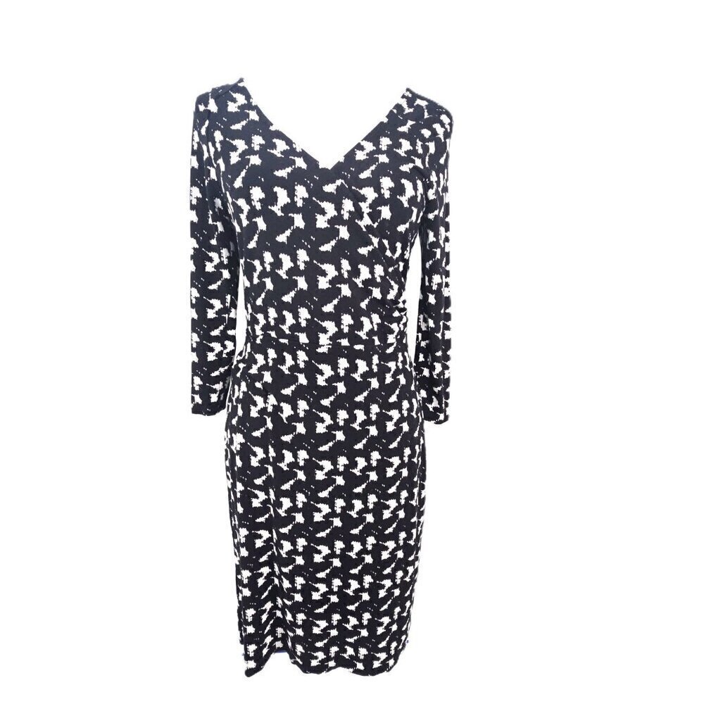 Ann Taylor Black White Long Sleeve Faux Wrap Pullover Jersey Knit Sheath Dress